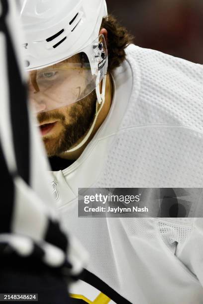 Pavel Zacha of the Boston Bruins looks on during the third period of the game against the Carolina Hurricanes at PNC Arena on April 04, 2024 in...