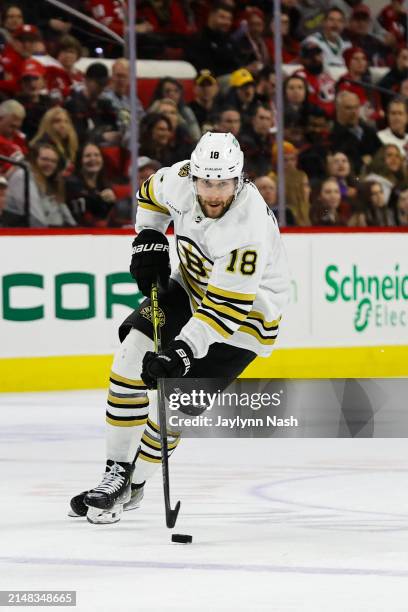 Pavel Zacha of the Boston Bruins skates with the puck during the third period of the game against the Carolina Hurricanes at PNC Arena on April 04,...