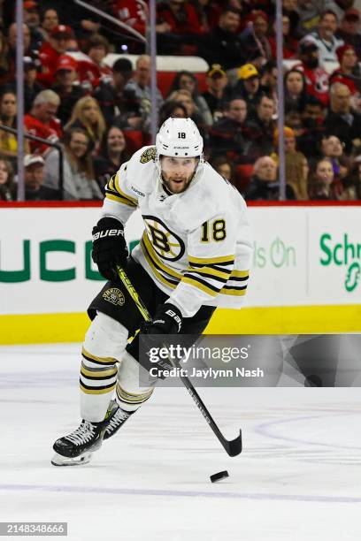 Pavel Zacha of the Boston Bruins skates with the puck during the third period of the game against the Carolina Hurricanes at PNC Arena on April 04,...