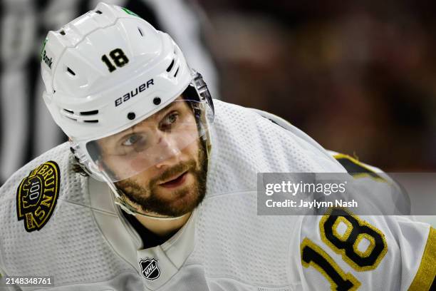 Pavel Zacha of the Boston Bruins looks on during the third period of the game against the Carolina Hurricanes at PNC Arena on April 04, 2024 in...