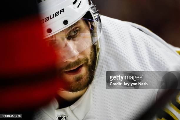 Pavel Zacha of the Boston Bruins looks on during the third period of the game against the Carolina Hurricanes at PNC Arena on April 04, 2024 in...