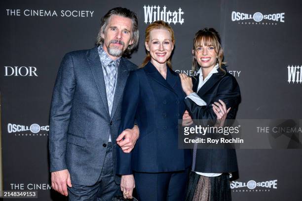 Ethan Hawke, Laura Linney and Maya Hawke attend a screening of "Wildcat" at Angelika Film Center on April 11, 2024 in New York City.