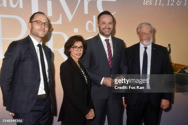 Guest, Minister of Culture of France Rachida Dati, Mathieu Lacombe and Président Du National Editors Syndicate President Vincent Montagne attend the...