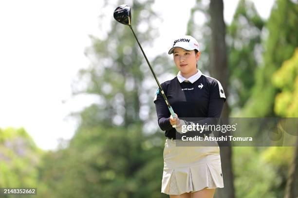 Sakura Koiwai of Japan is seen before her tee shot on the 4th hole during the first round of KKTcup VANTELIN Ladies Open at Kumamoto Kuko Country...