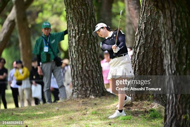 Sakura Koiwai of Japan hits her second shot on the 4th hole during the first round of KKTcup VANTELIN Ladies Open at Kumamoto Kuko Country Club on...