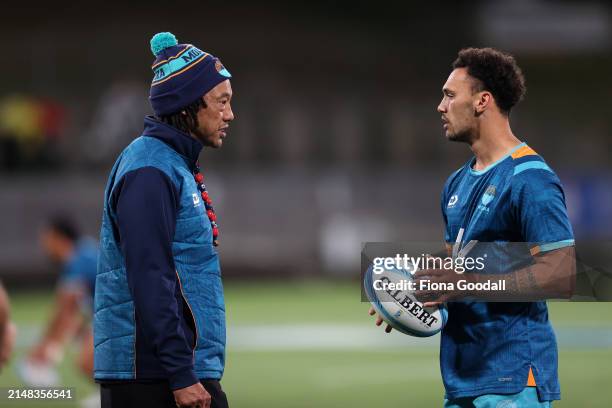 Moana Pasifika coach Tana Umaga speaks to William Havili of Moana Pasifika during the round eight Super Rugby Pacific match between Moana Pasifika...