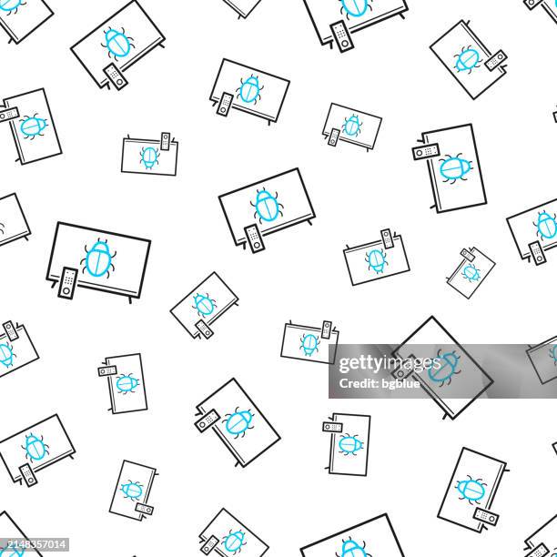 ilustraciones, imágenes clip art, dibujos animados e iconos de stock de tv con bicho. patrón sin costuras. iconos de línea sobre fondo blanco - ransomware icon
