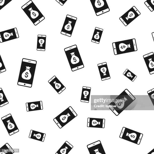 smartphone with money bag. seamless pattern. icons on white background - duplicate payment stock illustrations