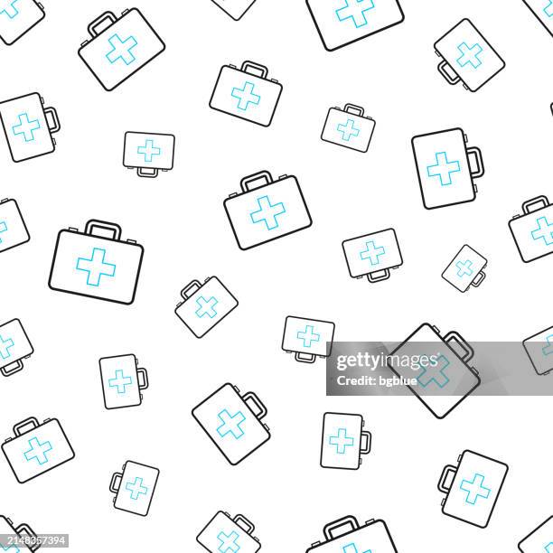 medical case - first aid kit. seamless pattern. line icons on white background - paramedic bag stock illustrations