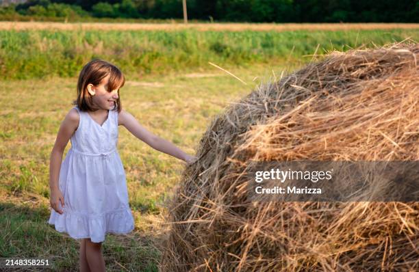 child standing next to hay stack - serbia village stock pictures, royalty-free photos & images