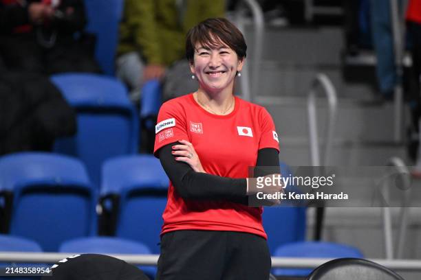 Captain Ai Sugiyama of Japan smiles after the victory of Nao Hibino against Anna Danilina of Kazakhstan on day one of Billie Jean King Cup Qualifier...