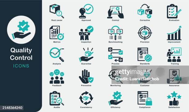ilustrações, clipart, desenhos animados e ícones de controle de qualidade coleção de ícones sólidos. qa, negócios, feedback, verificação, análise, causa raiz, controle, garantia, monitoramento, inspeção, normas, conformidade, melhoria, conformidade, precisão - exame médico procedimento médico