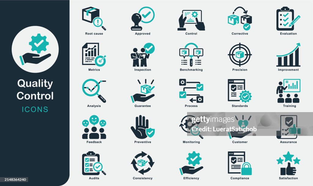 Quality Control solid icons collection.QA, Business, Feedback, Checking, Analysis, Root cause, Control, Assurance, Monitoring, Inspection, Standards, Compliance, Improvement, Conformance, Precision