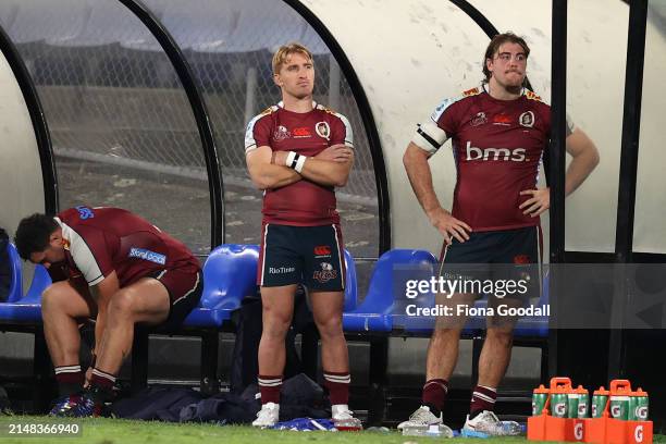 Red cards for Fraser McReight of the Queensland Reds and Tate McDermott of the Queensland Reds during the round eight Super Rugby Pacific match...