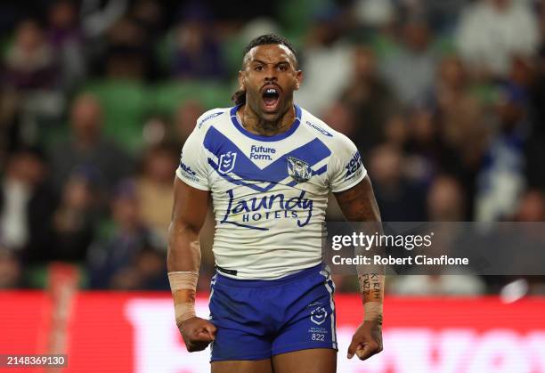 Josh Addo-Carr of the Bulldogs celebrates after scoring a try during the round six NRL match between Melbourne Storm and Canterbury Bulldogs at AAMI...