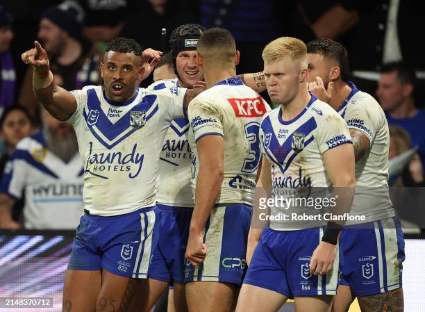 Josh Addo-Carr of the Bulldogs celebrates after scoring a try during the round six NRL match between Melbourne Storm and Canterbury Bulldogs at AAMI...