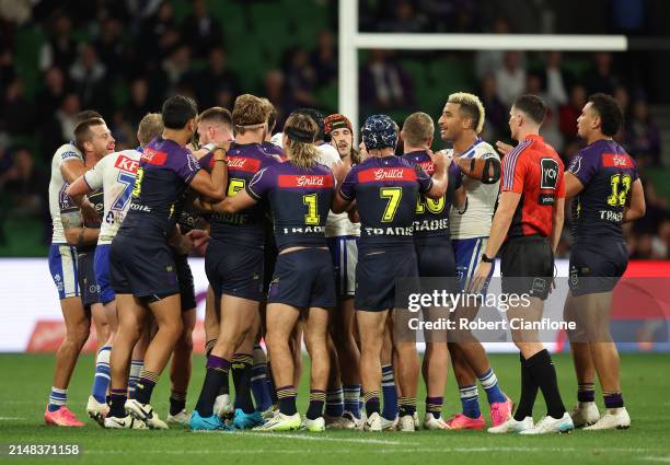 Players scuffle during the round six NRL match between Melbourne Storm and Canterbury Bulldogs at AAMI Park, on April 12 in Melbourne, Australia.