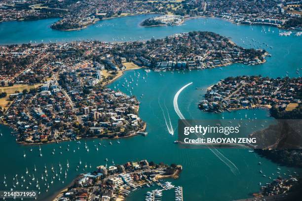 aerial view of cityscape in sydney, buildings and river, lake, bay - australia jetty stock pictures, royalty-free photos & images