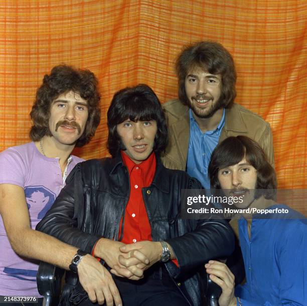 English group The Tremeloes posed backstage in London circa 1970. Members of the band are, from left, guitarist Alan Blakley, guitarist Rick...