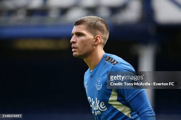 Joao Virginia during the Everton training session at Goodison Park on April 2024 in Liverpool, England.