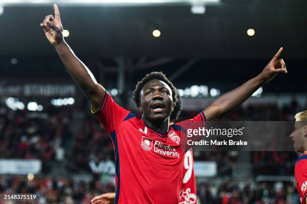 Nestory Irankunda of Adelaide United celebrates after scoring his teams first goal during the A-League Men round 24 match between Adelaide United and...