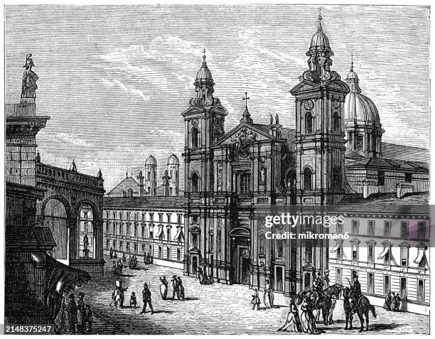 old engraved illustration of the theatine church of st. cajetan and adelaide, a catholic church in munich, southern germany - ireland border stock pictures, royalty-free photos & images