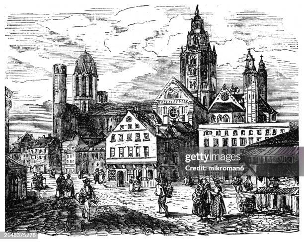 old engraved illustration of mainz, capital and largest city of rhineland-palatinate, germany (1633) - ireland border stock pictures, royalty-free photos & images
