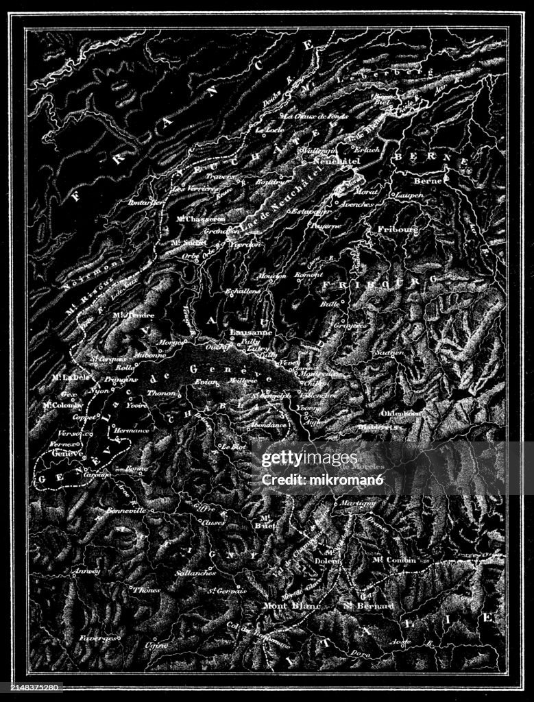 Old engraved map of Mont Blanc ("white mountain") the highest mountain in the Alps and Western Europe and Lake Geneva, a deep lake on the north side of the Alps, shared between Switzerland and France