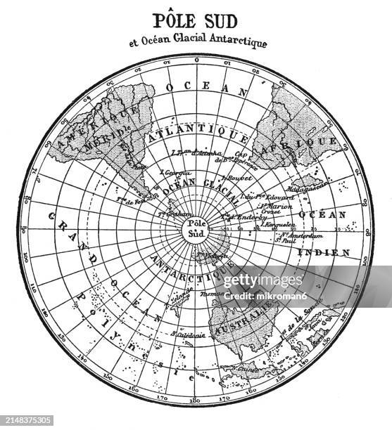 old engraved map of south polar regions - africa border stock pictures, royalty-free photos & images