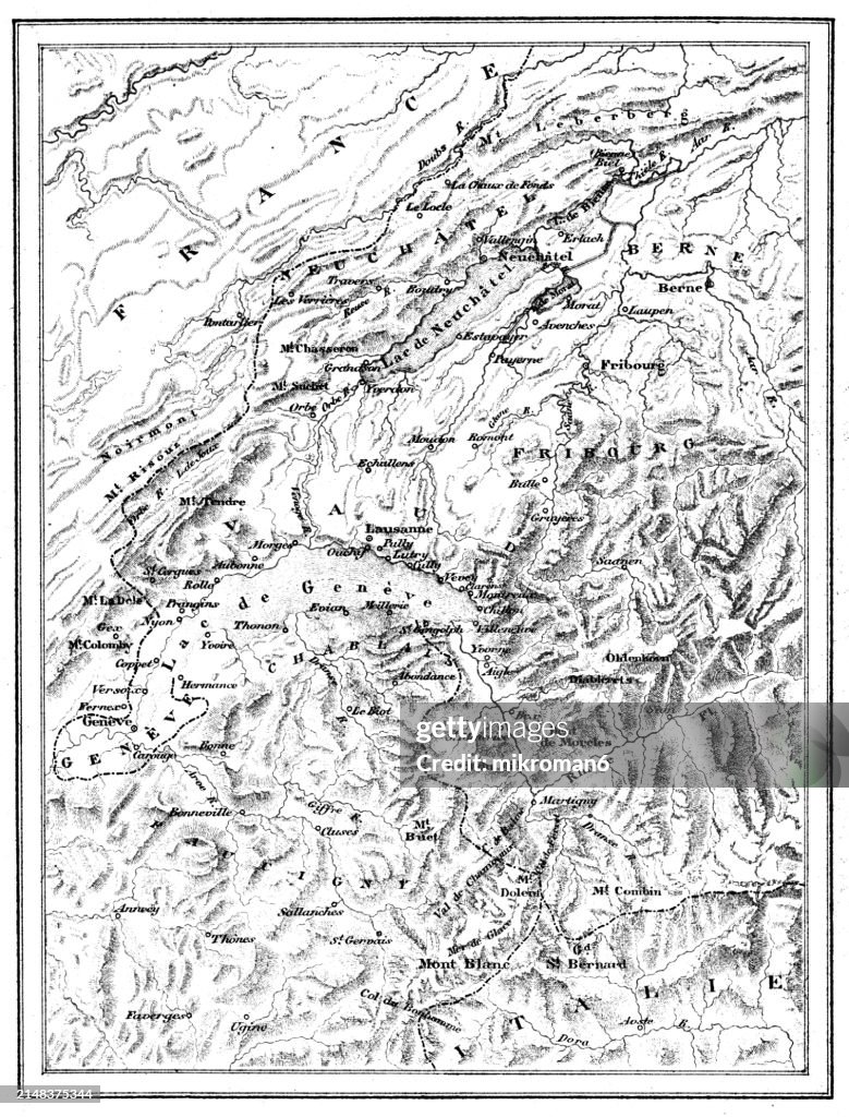 Old engraved map of Mont Blanc ("white mountain") the highest mountain in the Alps and Western Europe and Lake Geneva, a deep lake on the north side of the Alps, shared between Switzerland and France