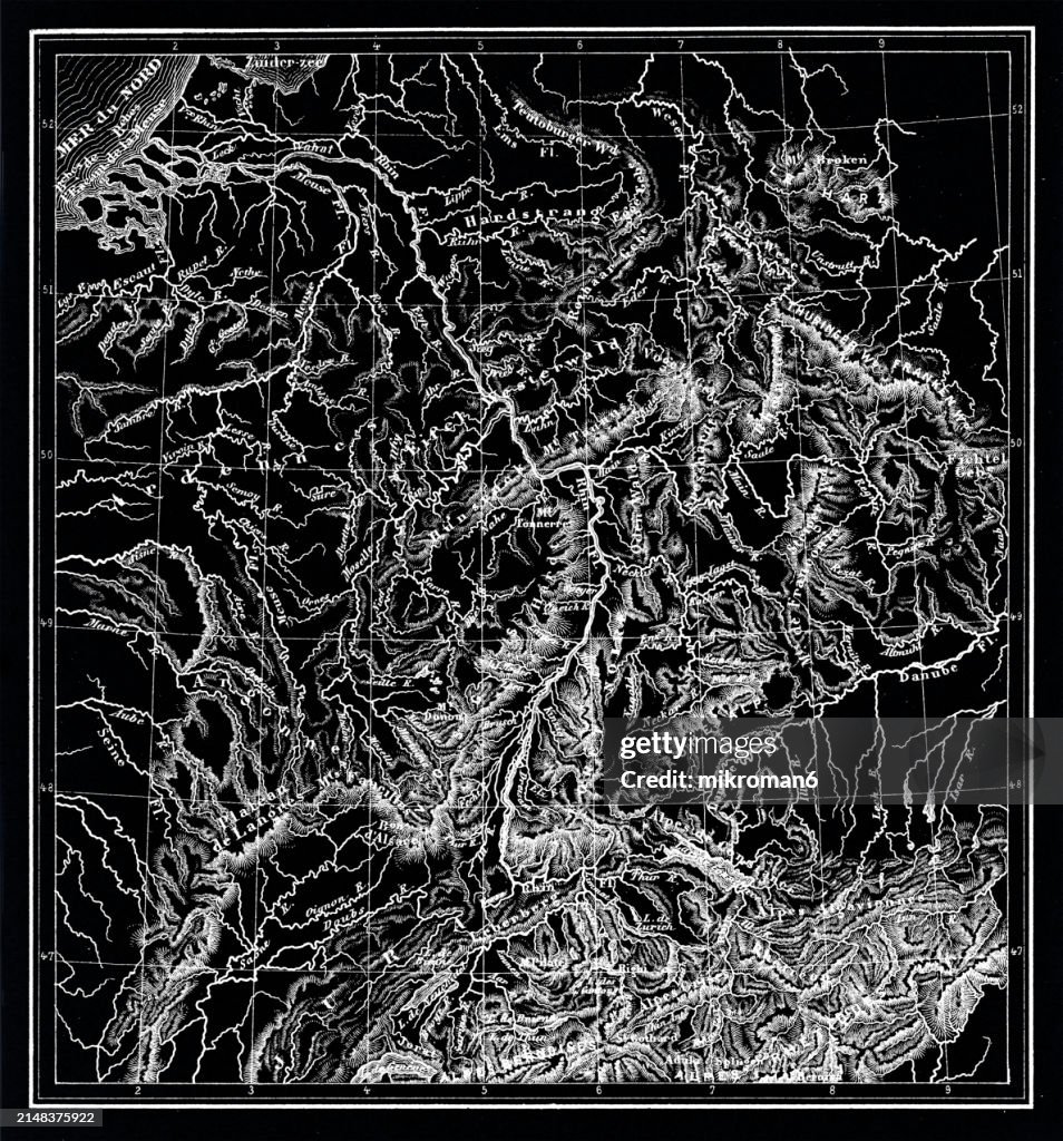 Old engraved map of Rhine river and Meuse river (major European rivers)