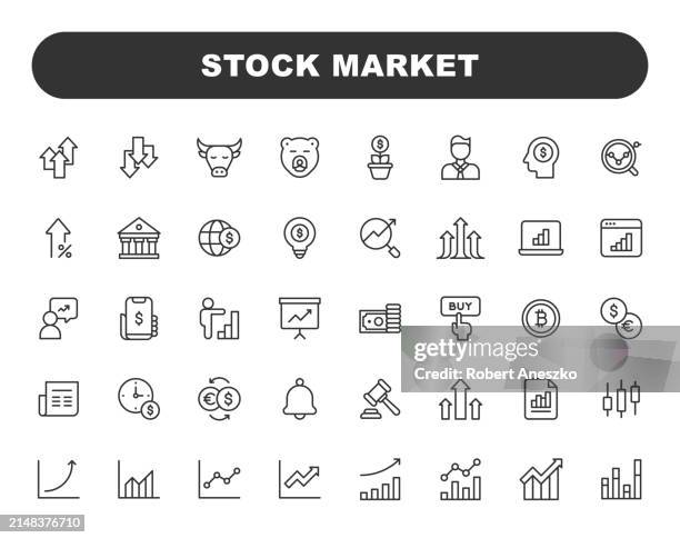 stock market line icons. editable stroke. contains such icons as currency exchange, cryptocurrency, savings, investment, bull market, bear market, data, graph, technical analysis, growth, recession. - bull wall street stock illustrations