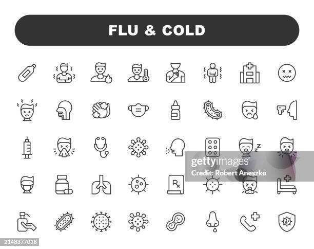 cold and flu line icons. editable stroke. contains such icons as coronavirus, blowing nose, coughing, fever, sneezing, thermometer, medicine, hospital. - epidemiology icon stock illustrations