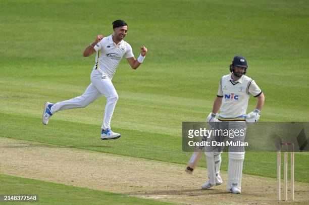 Ajeet Singh Dale of Gloucestershire celebrates taking the wicket of Adam Lyth of Yorkshire during day one of the Vitality County Championship match...
