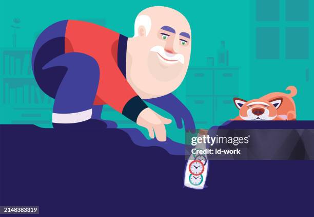 senior man digging and finding clocks in a bottle - message in a bottle stock illustrations