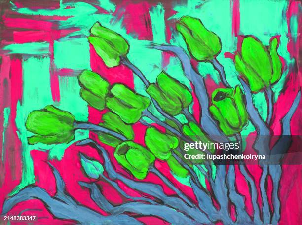 illustration oil painting blooming tulips on background in green red tones - allegory painting stock illustrations