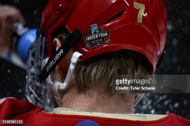 Aidan Thompson of the Denver Pioneers wears a frozen four sticker on his helmet before the game against the Denver Pioneers during the Division I...