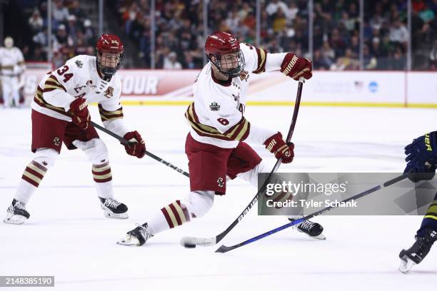 Will Smith of the Boston College Eagles takes a shot on goal against against the Michigan Wolverines in the first period during the Division I Mens...