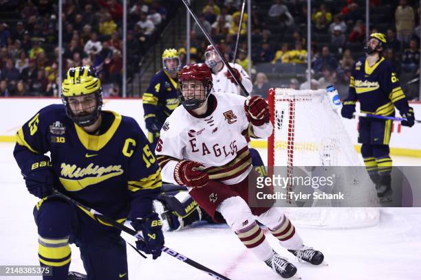 Will Smith of the Boston College Eagles celebrates a goal against the Michigan Wolverines in the third period during the Division I Mens Ice Hockey...