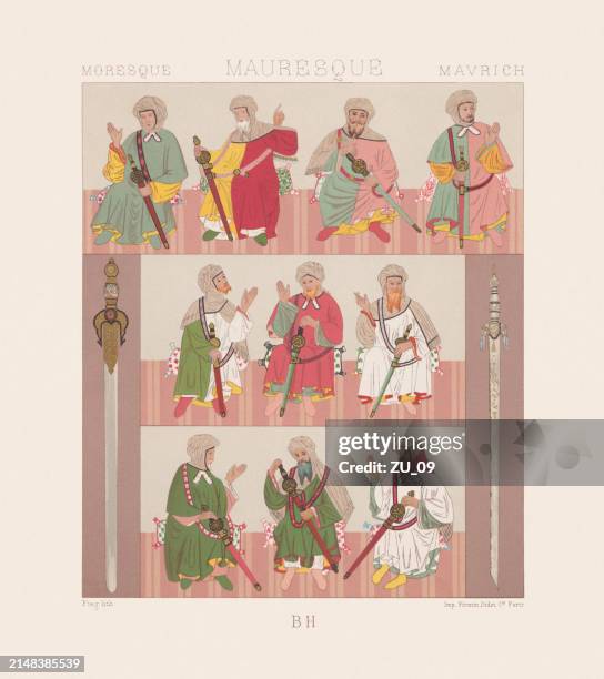 moorish dignitaries, wall painting, alhambra, granada, spain, chromolithograph, published 1888 - grenada stock illustrations