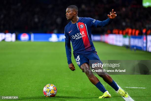Nuno Mendes of PSG controls the ball during the UEFA Champions League quarter-final first leg match between Paris Saint-Germain and FC Barcelona at...