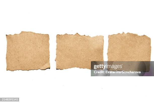 torn paper strips with textured edges on white background. - handgemaakt papier stockfoto's en -beelden