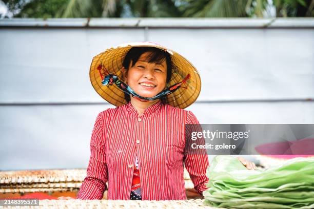 portrait of happy vietnamese woman in rice noodle manufacture - vietnamese cuisine stock pictures, royalty-free photos & images