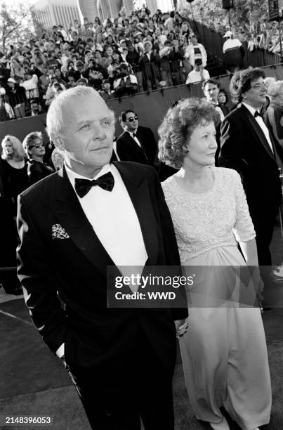 Actor Anthony Hopkins and Jennifer Lynton attend the 68th Annual Academy Awards at the Dorothy Chandler Pavilion in Los Angeles, California on March...