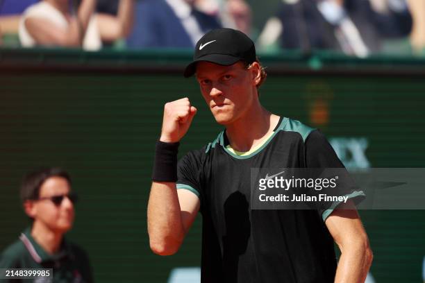 Jannik Sinner of Italy celebrates against Holger Rune of Denmark during the quarter-final match on day six of the Rolex Monte-Carlo Masters at...
