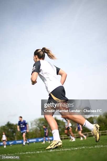 Johanna Rytting Kaneryd of Chelsea in action during a Chelsea FC Women's Training Session at Chelsea Training Ground on April 12, 2024 in Cobham,...