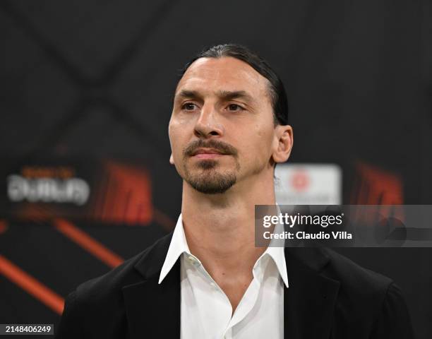 Milan Senior Advisor to Ownership Zlatan Ibrahimovic looks on during the UEFA Europa League 2023/24 Quarter-Final first leg match between AC Milan...