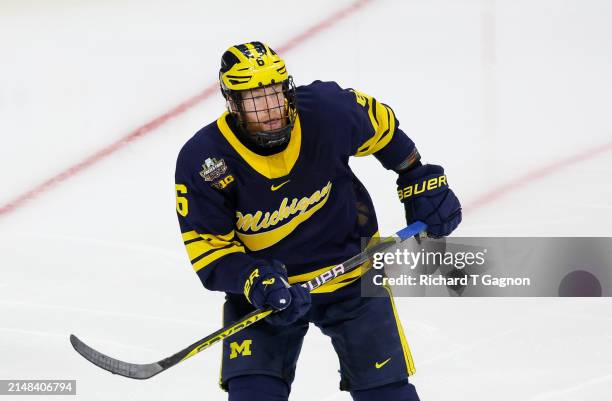 Josh Eernisse of the Michigan Wolverines skates against the Boston College Eagles during the NCAA Mens Hockey Frozen Four semifinal at the Xcel...