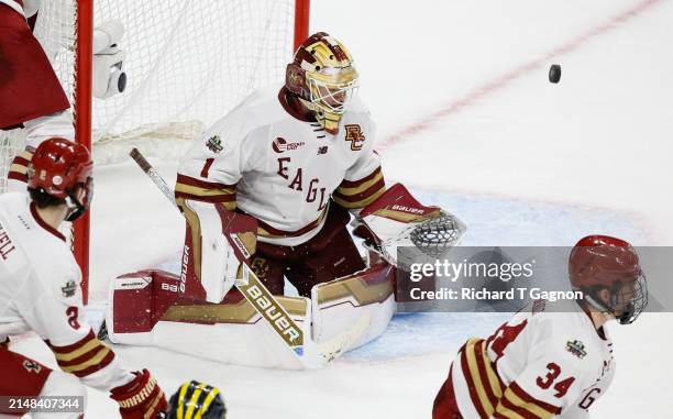 Jacob Fowler of the Boston College Eagles makes a save against the Michigan Wolverines in the second period during the NCAA Mens Hockey Frozen Four...