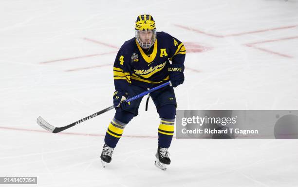 Gavin Brindley of the Michigan Wolverines skates against the Boston College Eagles during the NCAA Mens Hockey Frozen Four semifinal at the Xcel...